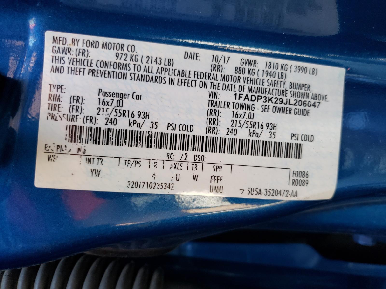Photo 10 from auction – 2018 FORD FOCUS SE with VIN 1FADP3K29JL206047