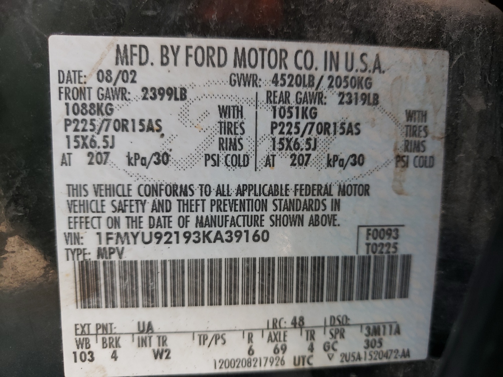 Photo 10 from auction – 2003 FORD ESCAPE XLS with VIN 1FMYU92193KA39160