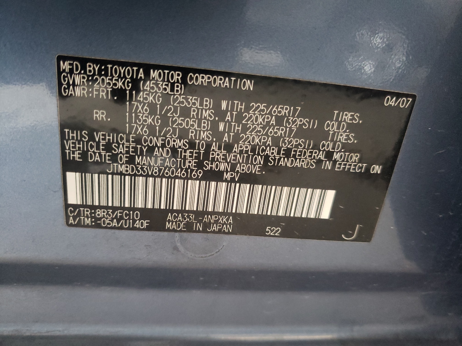 Zdjęcie 10 z aukcji – 2007 TOYOTA RAV4 z VIN JTMBD33V876046169