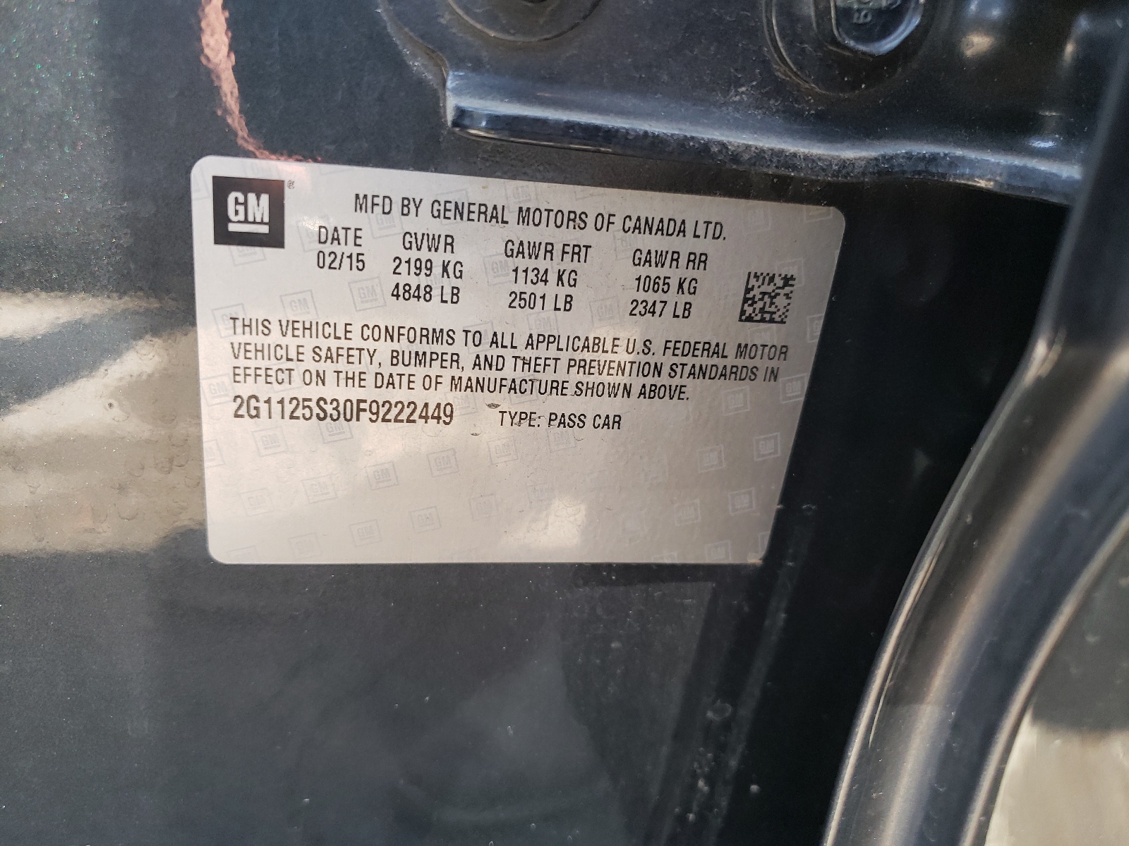 Photo 10 from auction – 2015 CHEVROLET IMPALA LT with VIN 2G1125S30F9222449