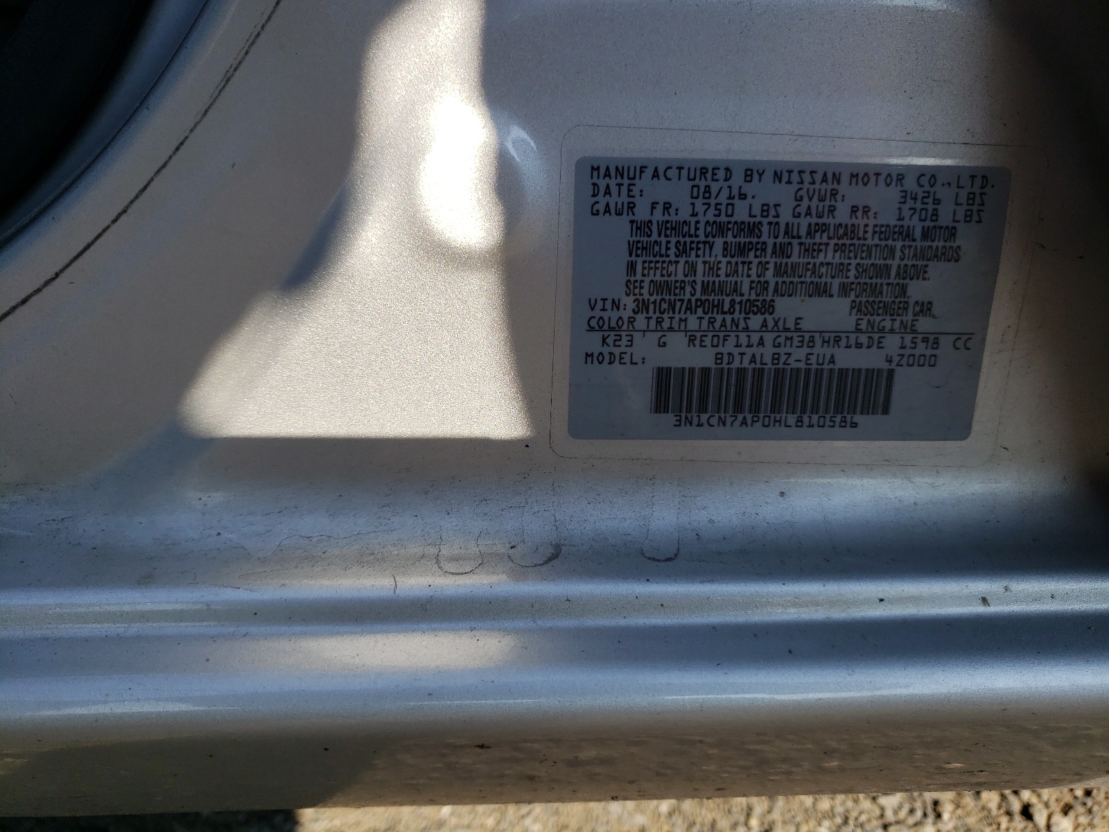 Photo 10 from auction – 2017 NISSAN VERSA S with VIN 3N1CN7AP0HL810586