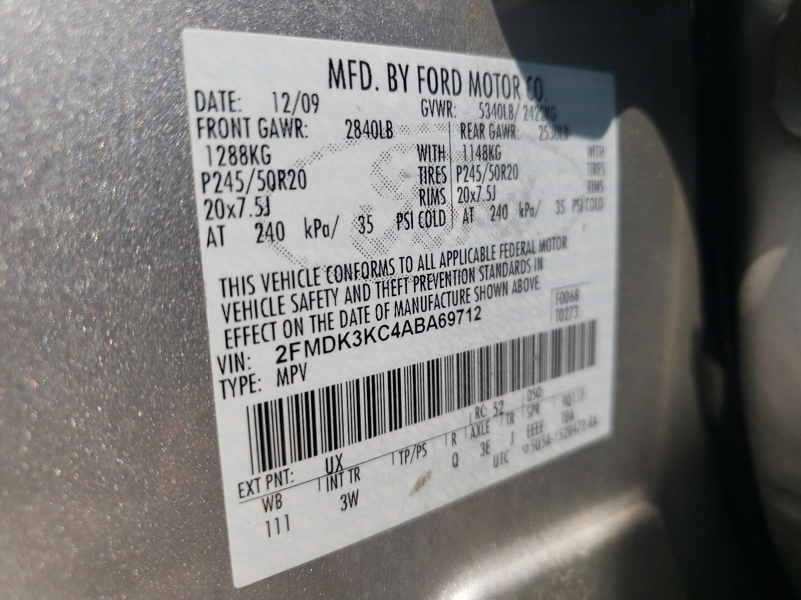 Photo 10 from auction – 2010 FORD EDGE LIMIT with VIN 2FMDK3KC4ABA69712