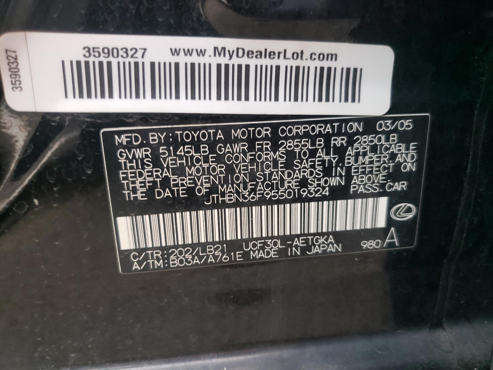 Photo 10 from auction – 2005 LEXUS LS 430 with VIN JTHBN36F955019324