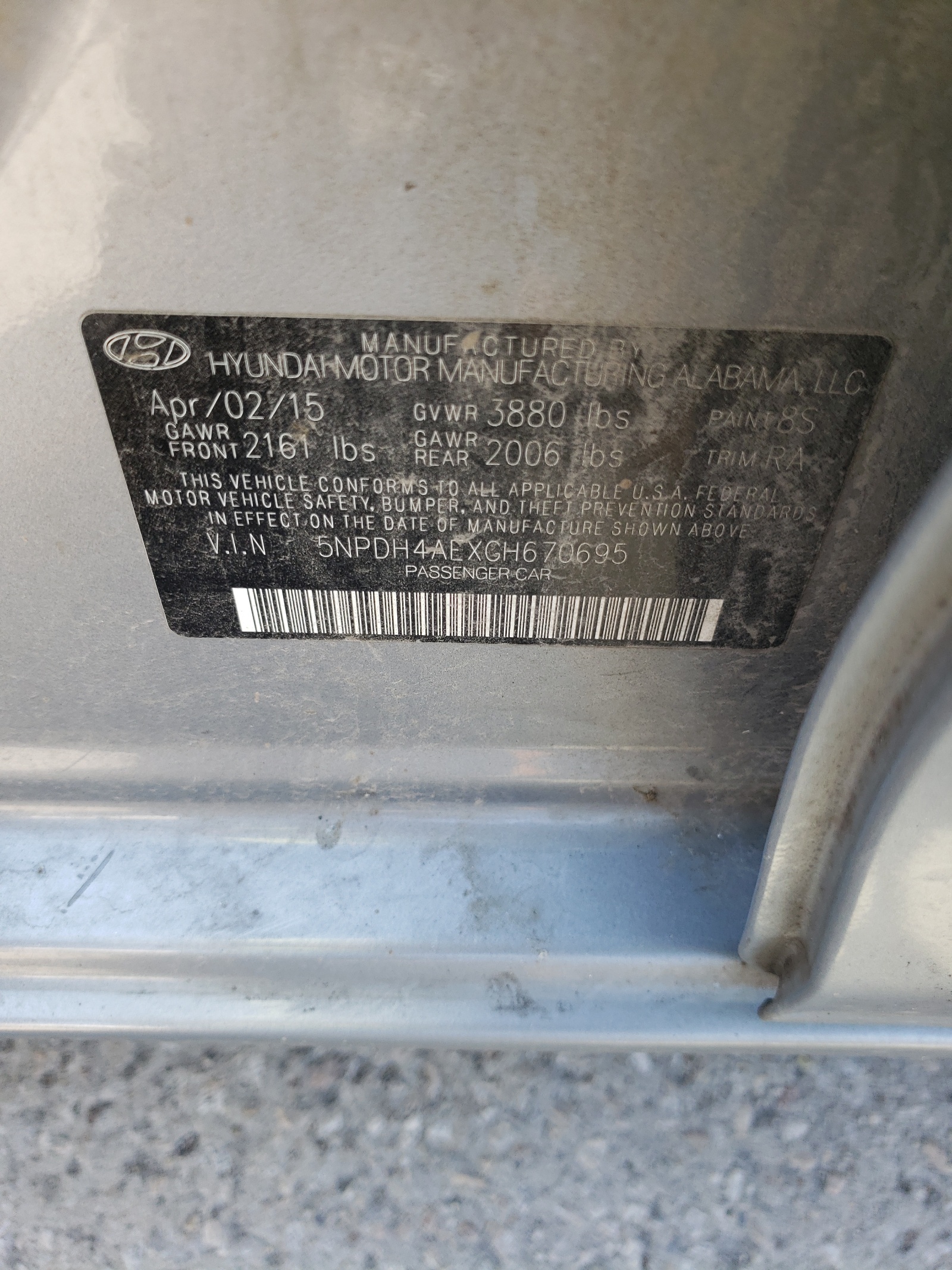 Photo 10 from auction – 2016 HYUNDAI ELANTRA SP with VIN 5NPDH4AEXGH670695