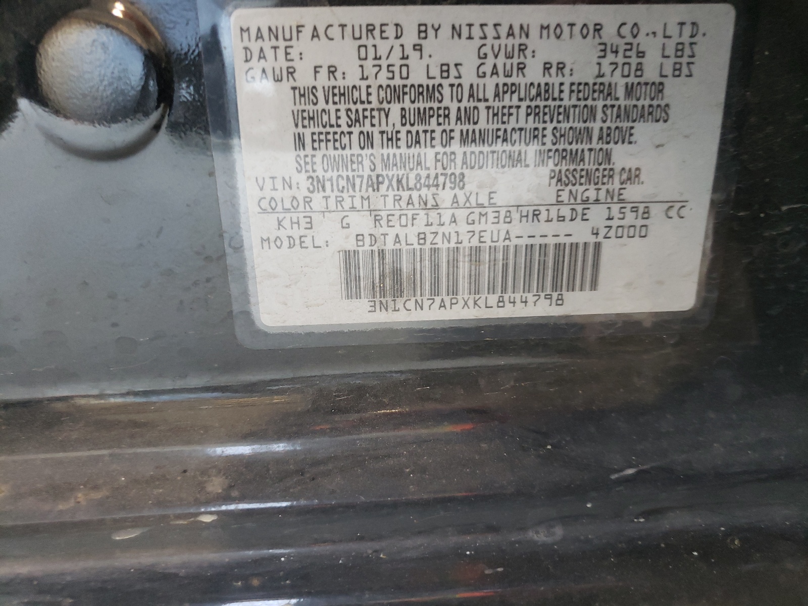 Photo 10 from auction – 2019 NISSAN VERSA S with VIN 3N1CN7APXKL844798