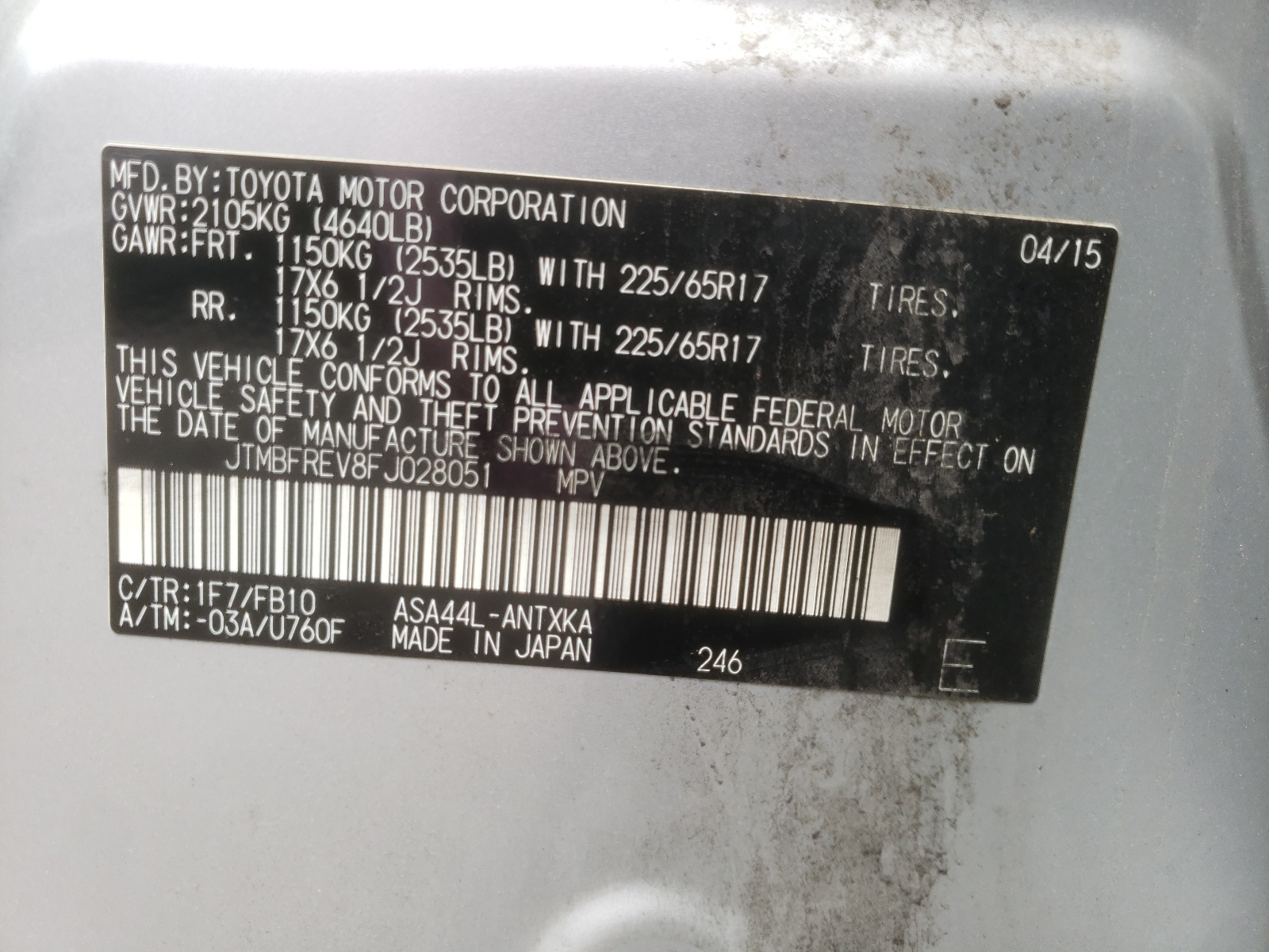 Photo 10 from auction – 2015 TOYOTA RAV4 LE with VIN JTMBFREV8FJ028051