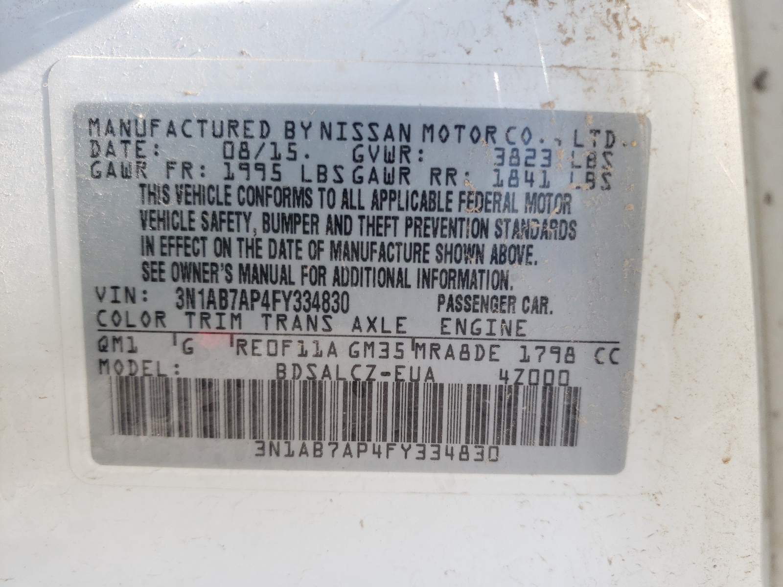 Photo 10 from auction – 2015 NISSAN SENTRA S with VIN 3N1AB7AP4FY334830