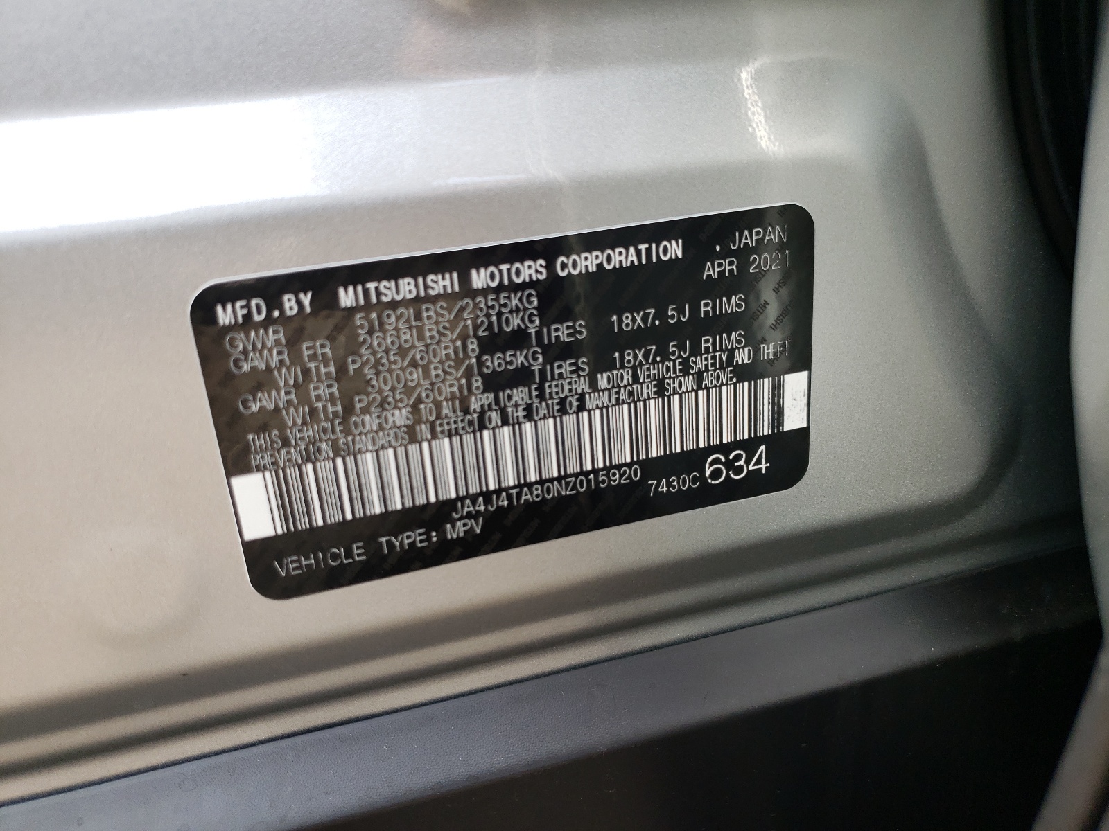 Photo 10 from auction – 2022 MITSUBISHI OUTLANDER with VIN JA4J4TA80NZ015920