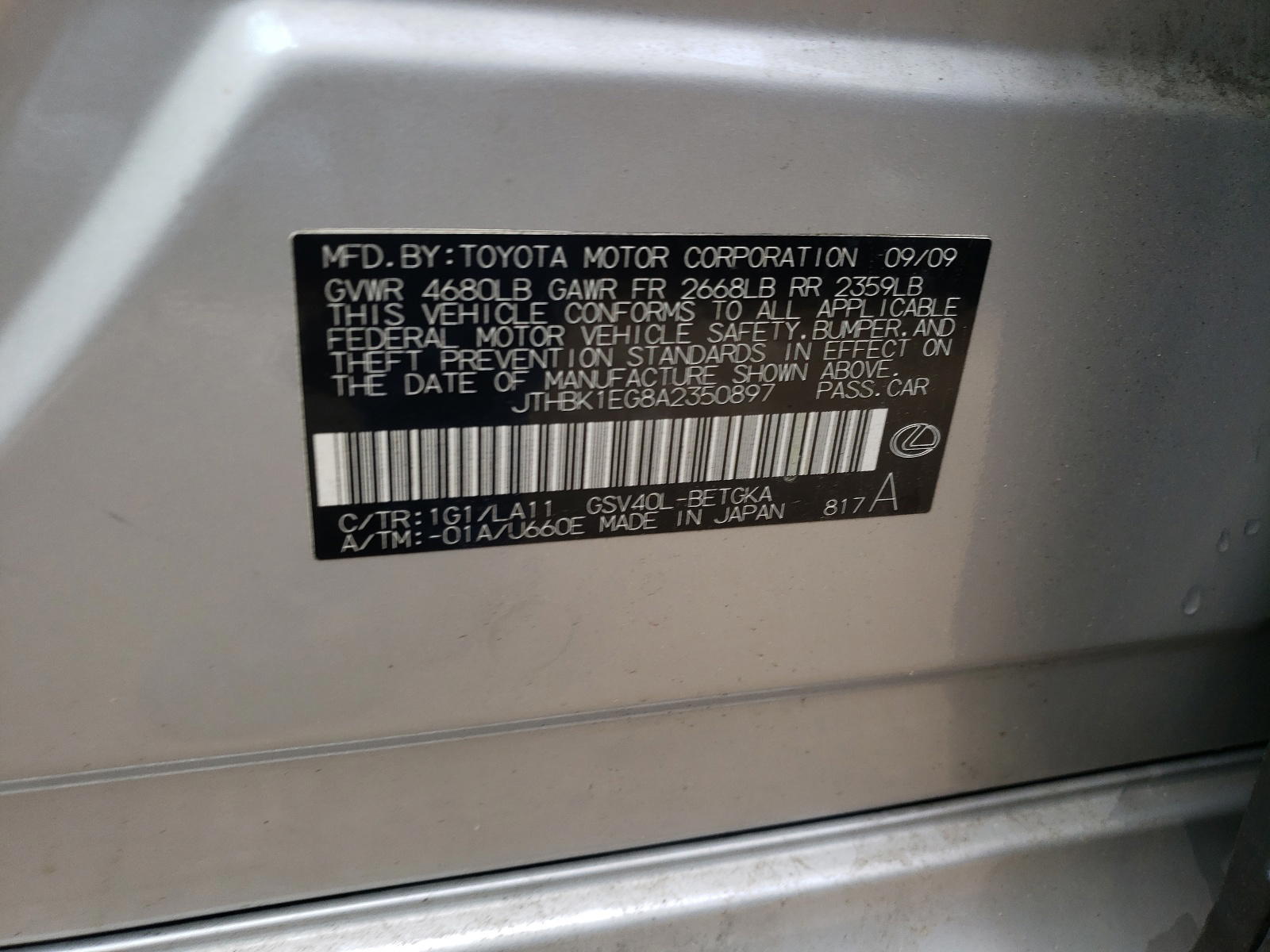 Photo 10 from auction – 2010 LEXUS ES 350 with VIN JTHBK1EG8A2350897