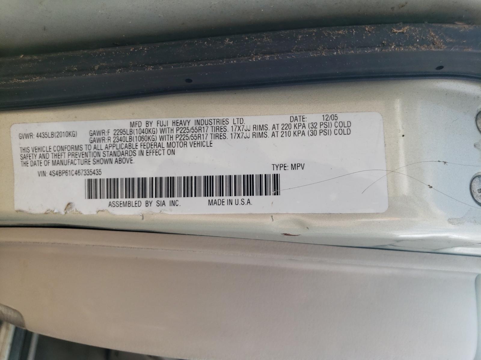 Photo 10 from auction – 2006 SUBARU OUTBACK with VIN 4S4BP61C467335435