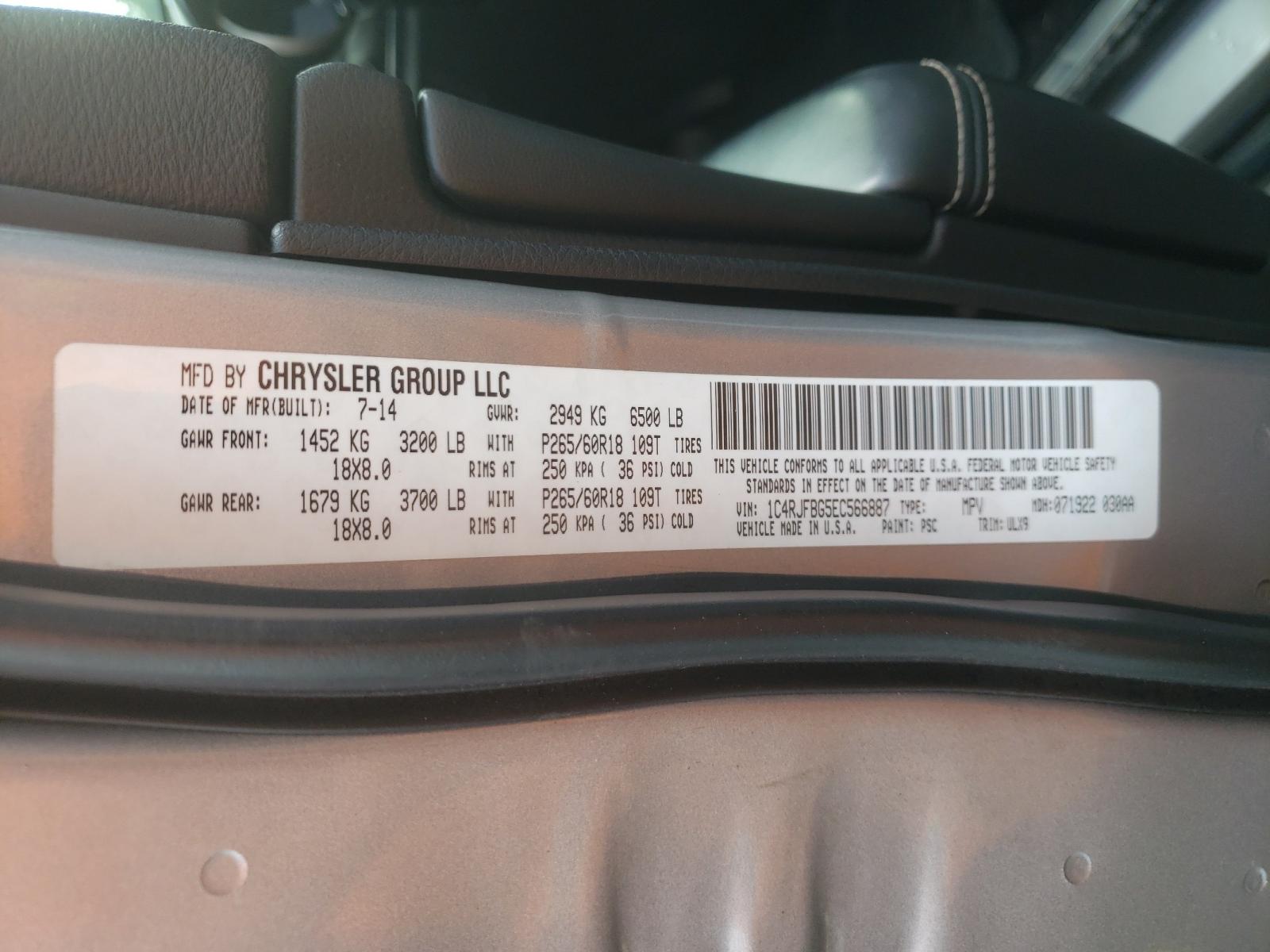 Photo 10 from auction – 2014 JEEP GRAND CHER with VIN 1C4RJFBG5EC566887