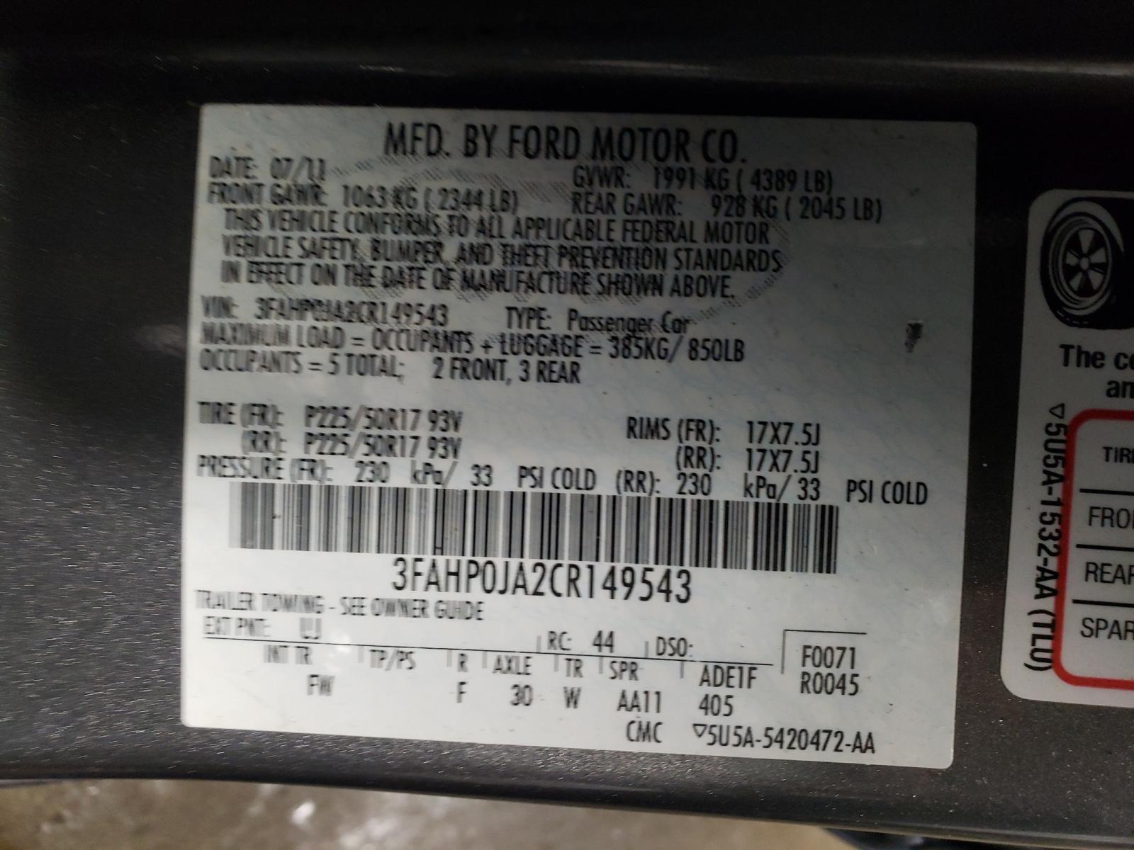 Photo 10 from auction – 2012 FORD FUSION SEL with VIN 3FAHP0JA2CR149543