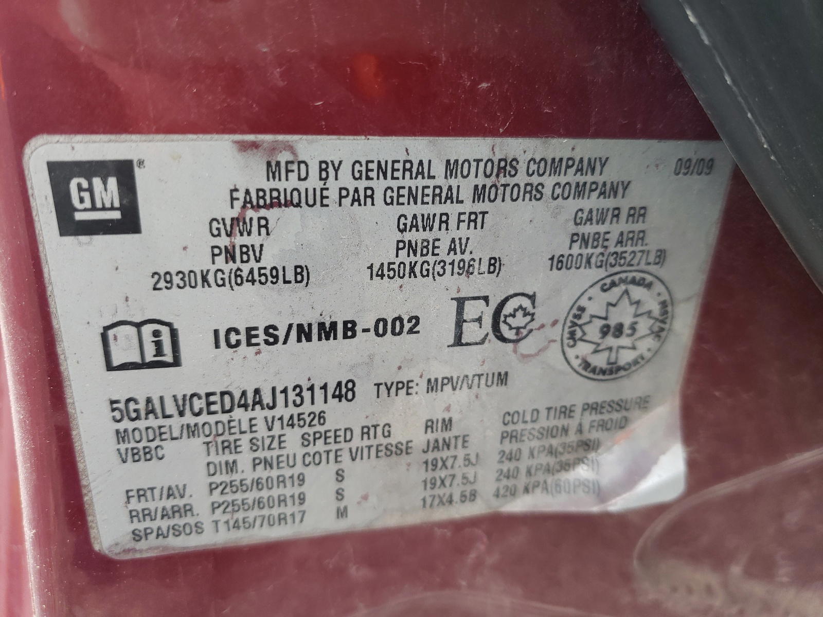 Photo 10 from auction – 2010 BUICK ENCLAVE CX with VIN 5GALVCED4AJ131148