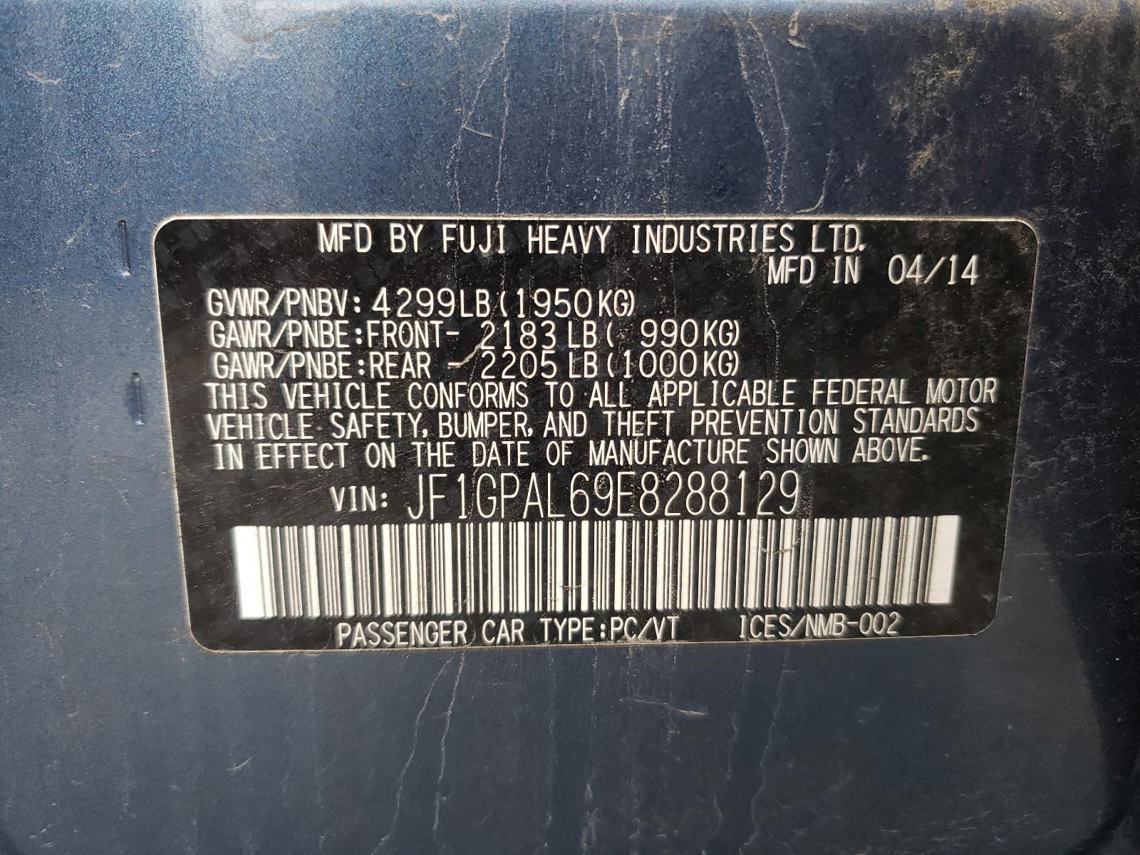 Photo 10 from auction – 2014 SUBARU IMPREZA SP with VIN JF1GPAL69E8288129
