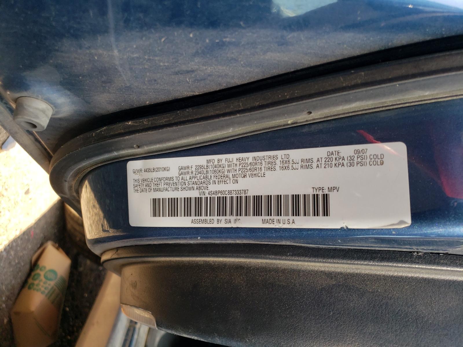 Photo 10 from auction – 2008 SUBARU OUTBACK with VIN 4S4BP60C887333787