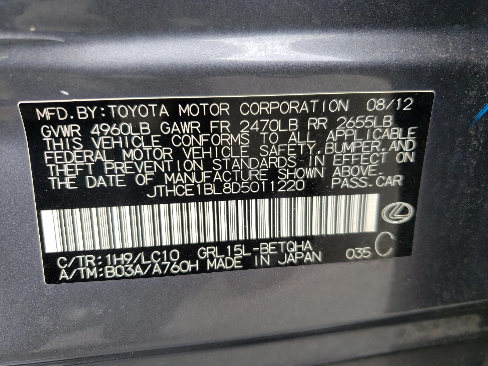 Photo 10 from auction – 2013 LEXUS GS 350 with VIN JTHCE1BL8D5011220