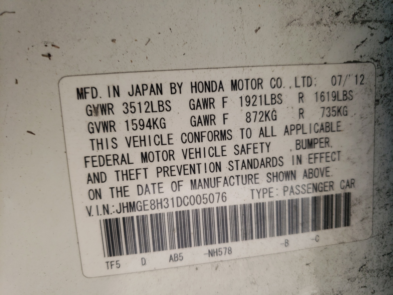 Photo 10 from auction – 2013 HONDA FIT with VIN JHMGE8H31DC005076