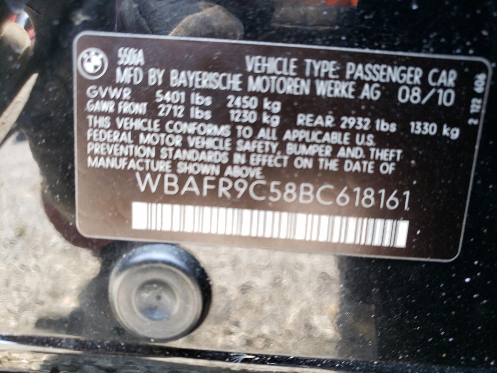 Photo 10 from auction – 2011 BMW 550 I with VIN WBAFR9C58BC618161