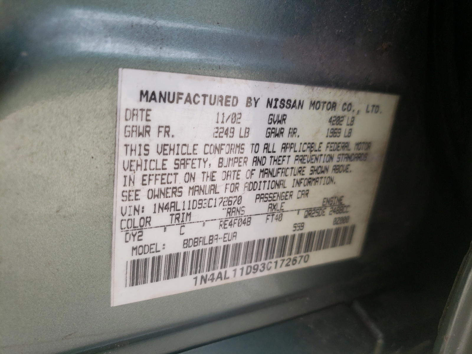 Photo 10 from auction – 2003 NISSAN ALTIMA BAS with VIN 1N4AL11D93C172670