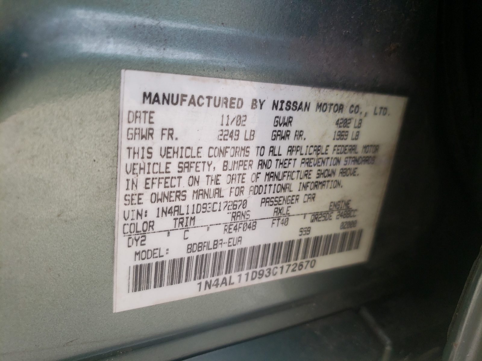 Zdjęcie 10 z aukcji – 2003 NISSAN ALTIMA BAS z VIN 1N4AL11D93C172670