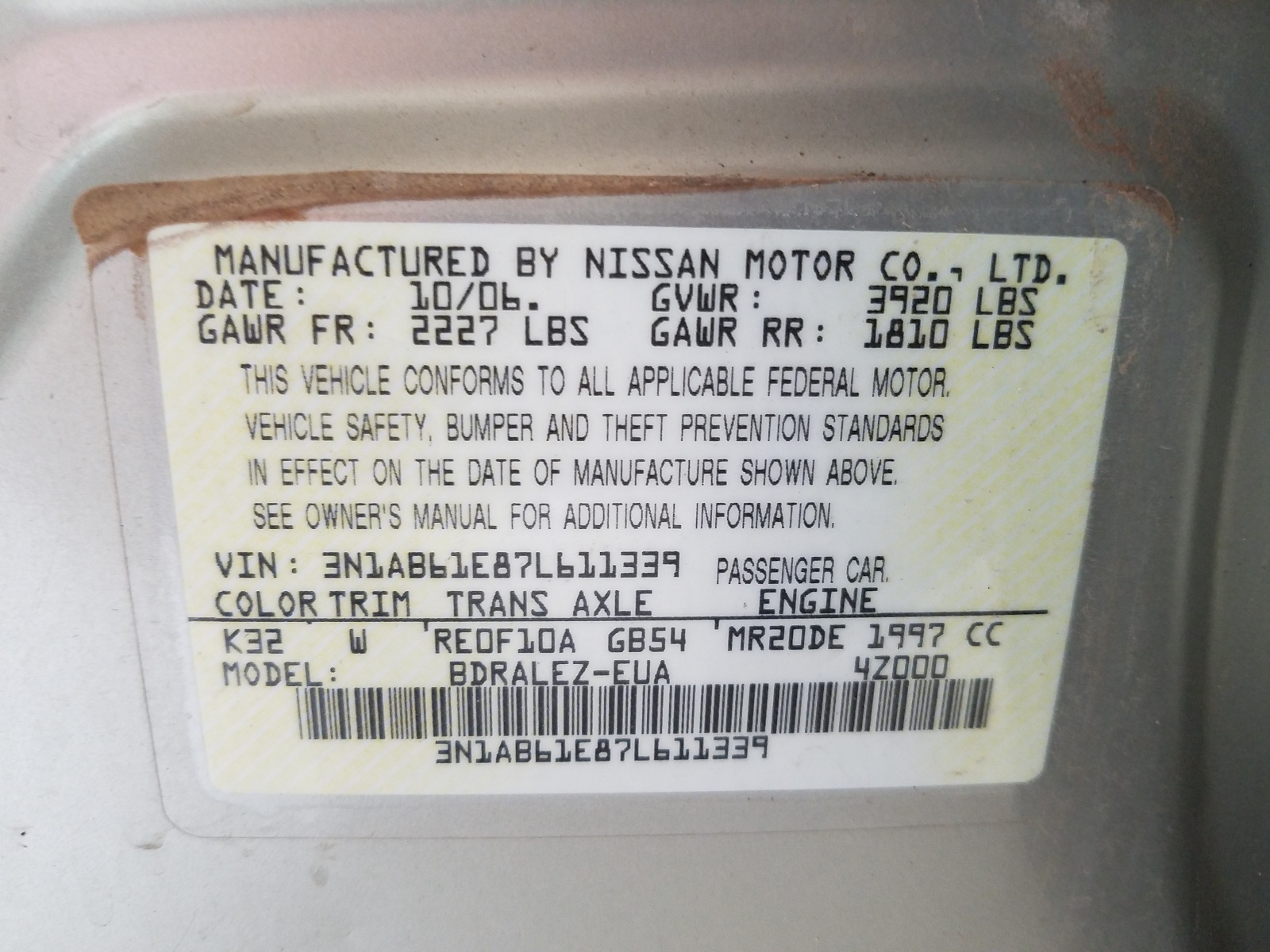 Photo 10 from auction – 2007 NISSAN SENTRA 2.0 with VIN 3N1AB61E87L611339