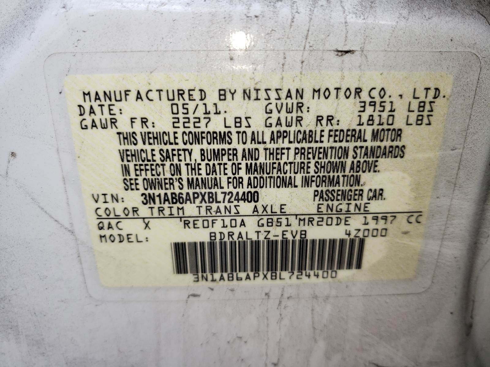 Photo 10 from auction – 2011 NISSAN SENTRA 2.0 with VIN 3N1AB6APXBL724400