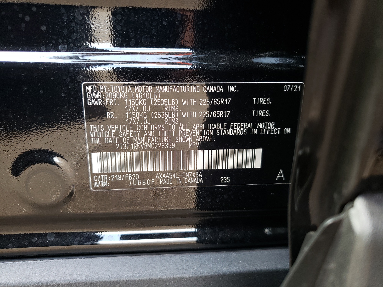 Photo 10 from auction – 2021 TOYOTA RAV4 LE with VIN 2T3F1RFV8MC228359