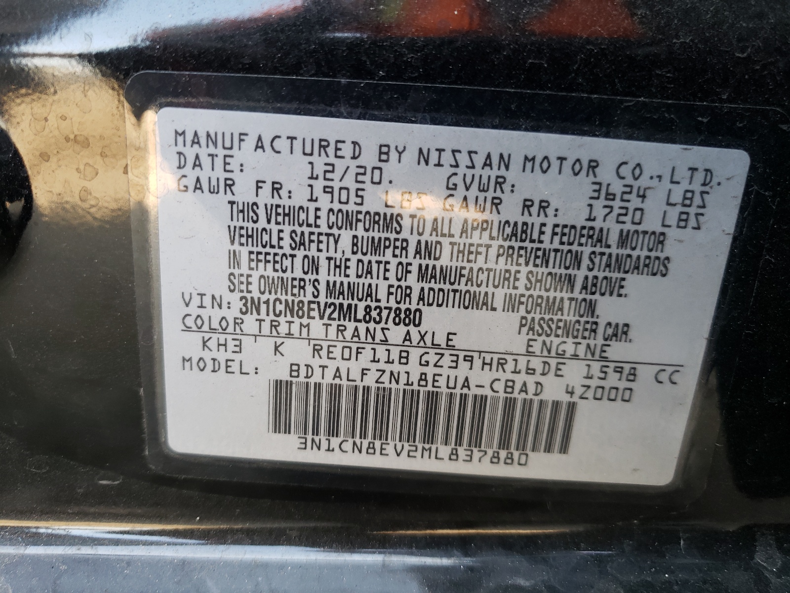 Photo 10 from auction – 2021 NISSAN VERSA SV with VIN 3N1CN8EV2ML837880