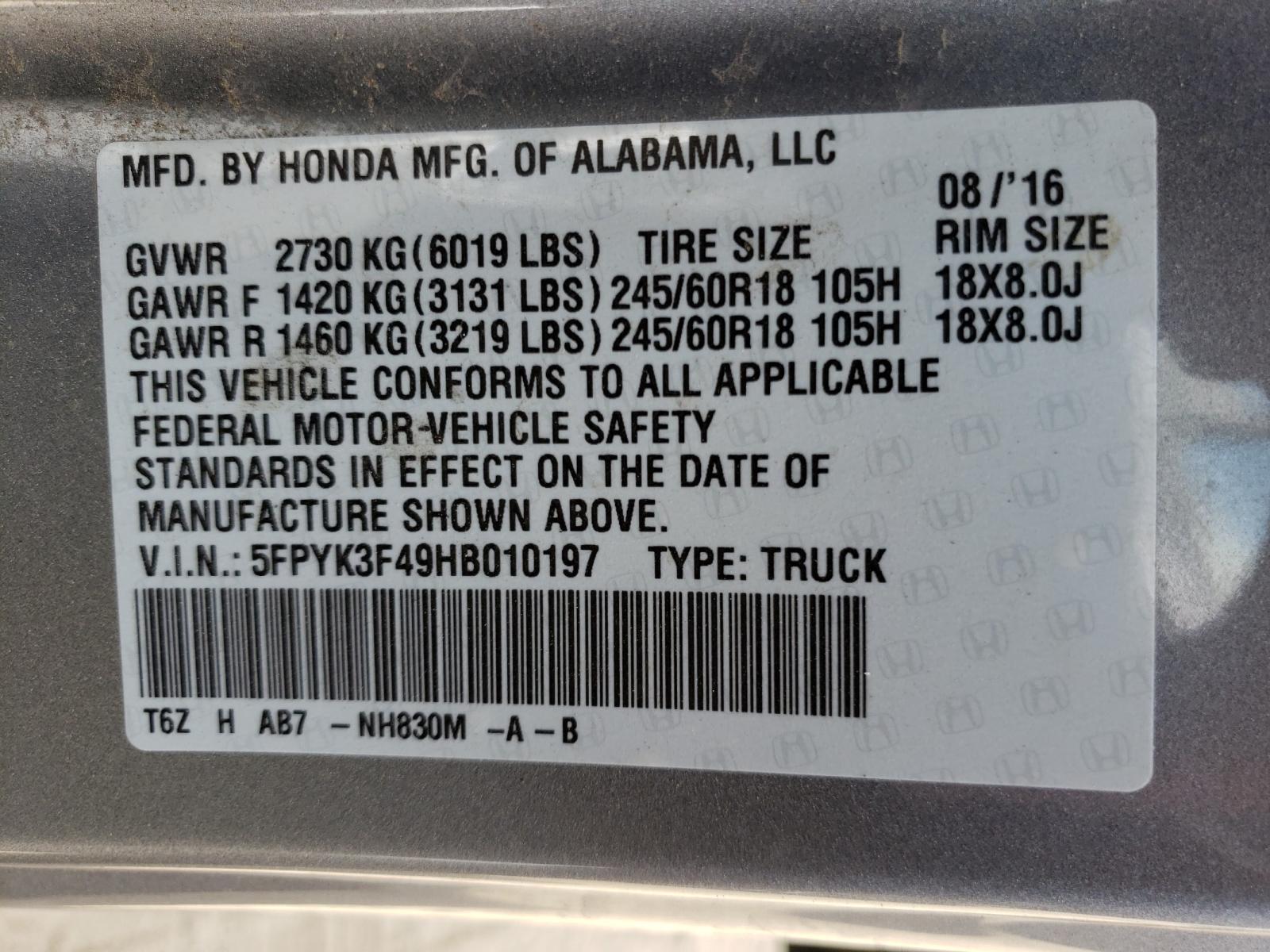 Photo 10 from auction – 2017 HONDA RIDGELINE with VIN 5FPYK3F49HB010197