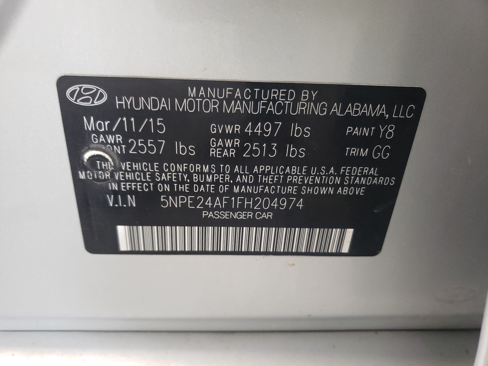 Photo 10 from auction – 2015 HYUNDAI SONATA SE with VIN 5NPE24AF1FH204974
