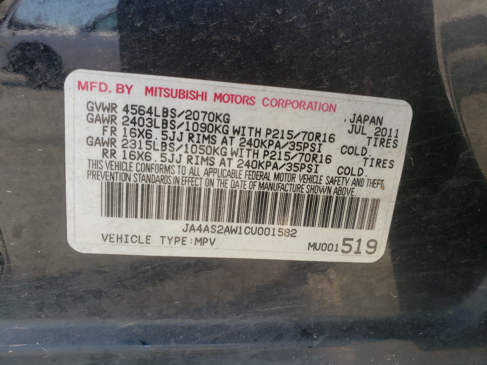 Photo 10 from auction – 2012 MITSUBISHI OUTLANDER with VIN JA4AS2AW1CU001582