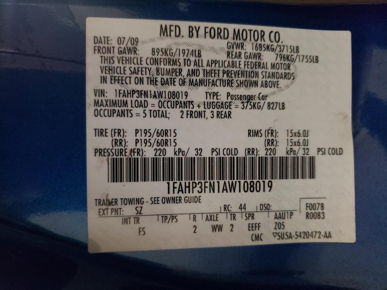 Photo 10 from auction – 2010 FORD FOCUS SE with VIN 1FAHP3FN1AW108019