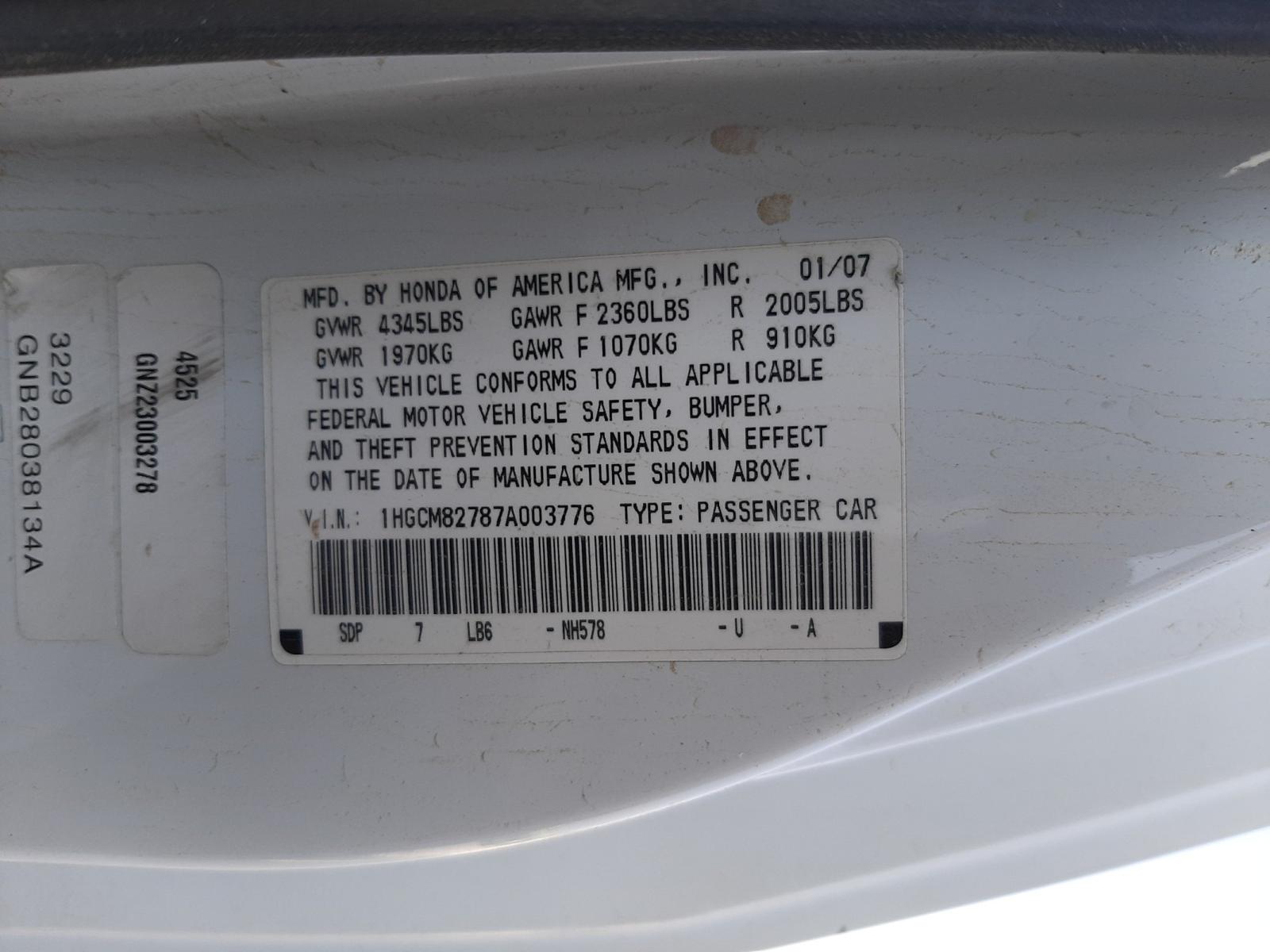 Photo 10 from auction – 2007 HONDA ACCORD EX with VIN 1HGCM82787A003776