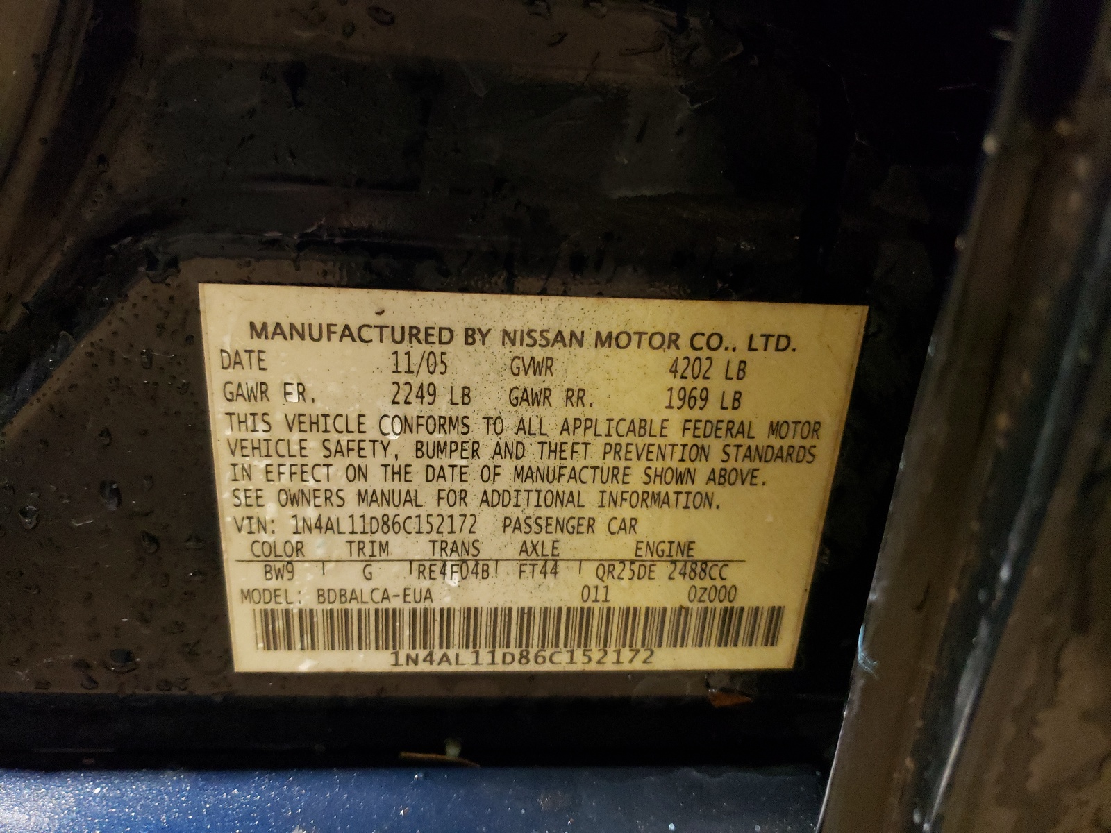 Photo 10 from auction – 2006 NISSAN ALTIMA S with VIN 1N4AL11D86C152172