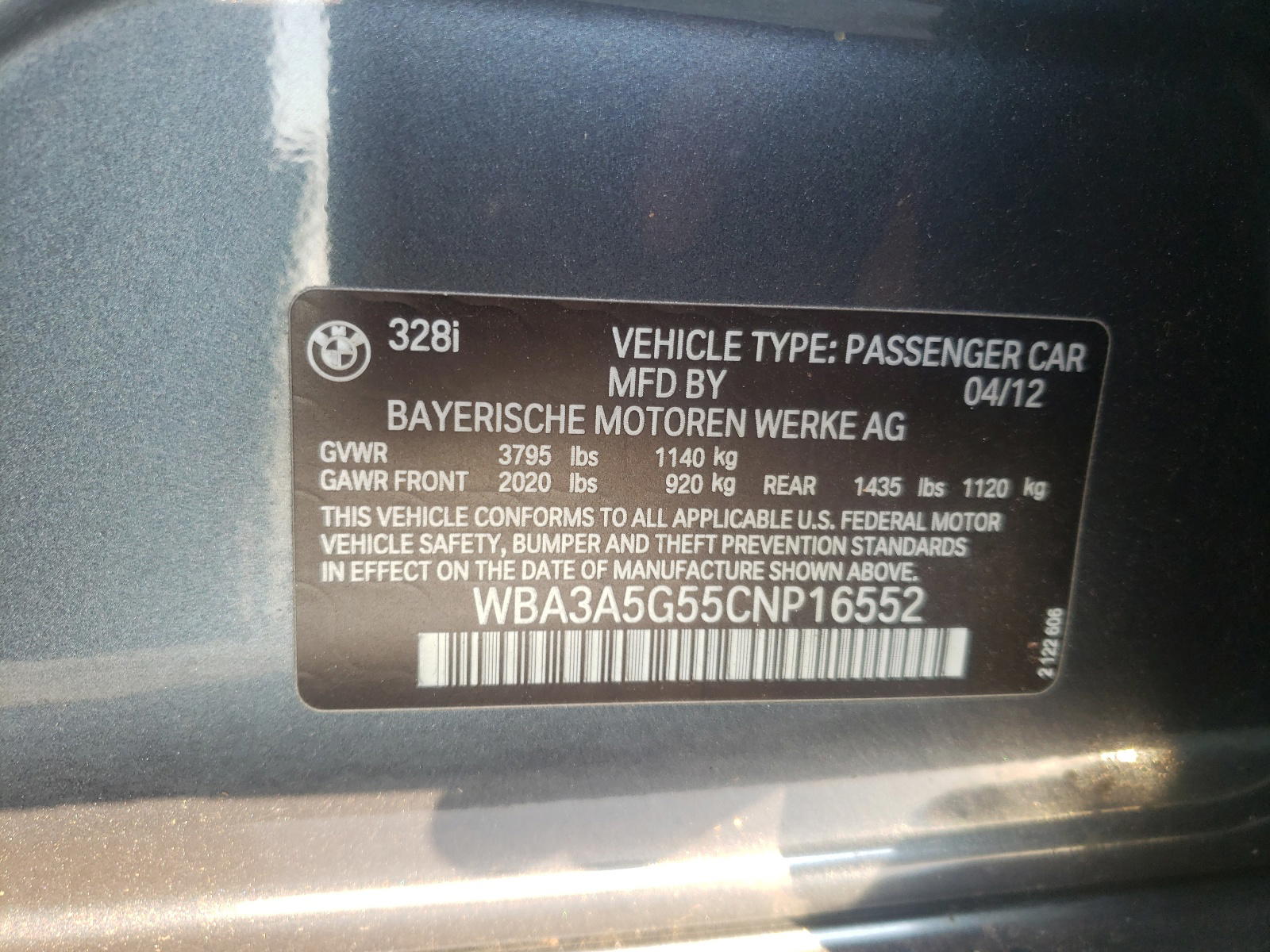 Photo 10 from auction – 2012 BMW 328 I with VIN WBA3A5G55CNP16552