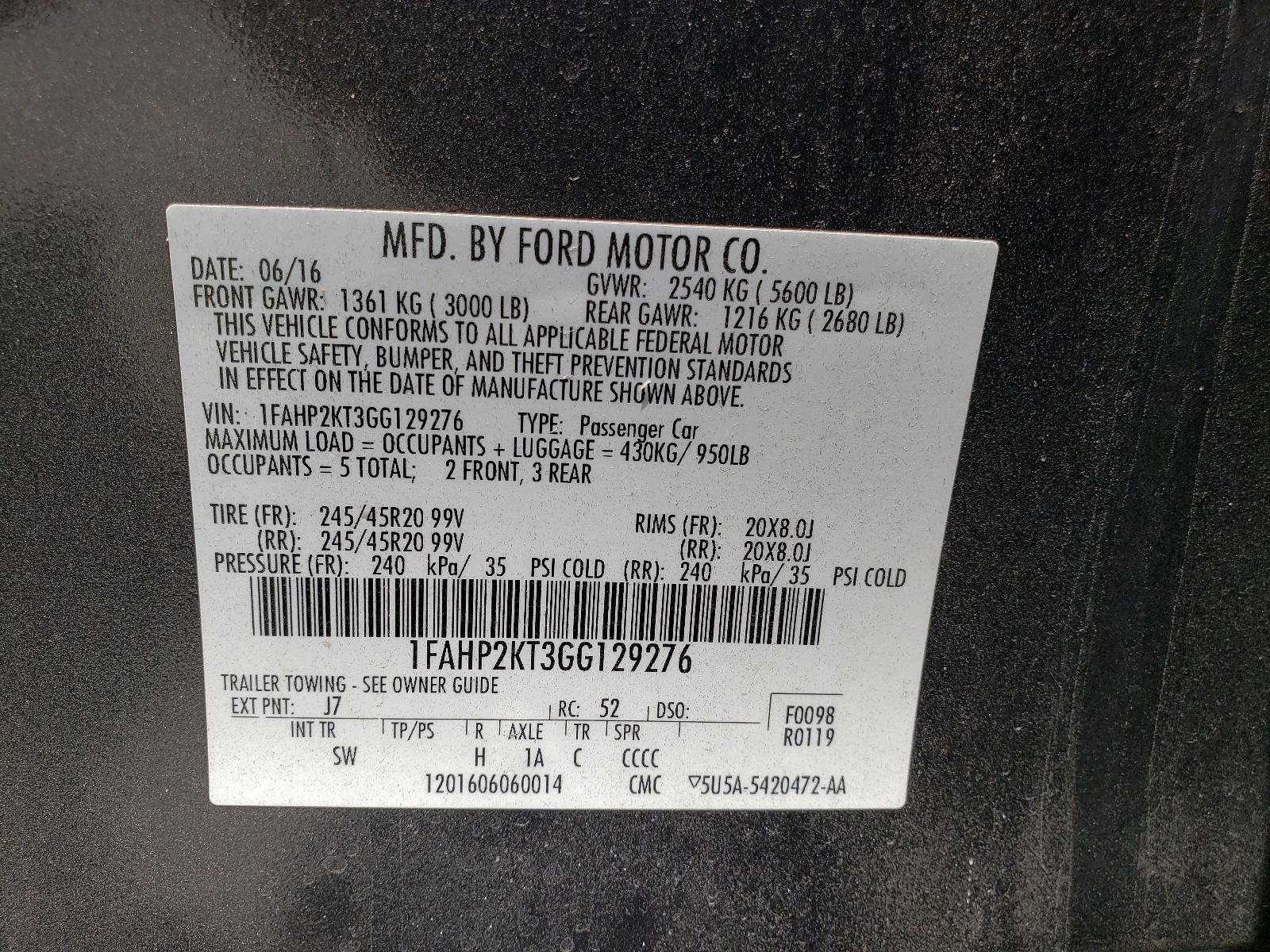 Photo 10 from auction – 2016 FORD TAURUS SHO with VIN 1FAHP2KT3GG129276