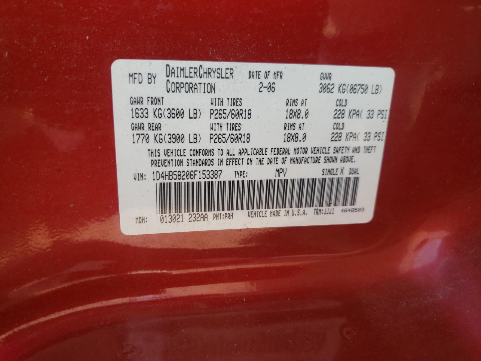 Photo 10 from auction – 2006 DODGE DURANGO LI with VIN 1D4HB58206F153387