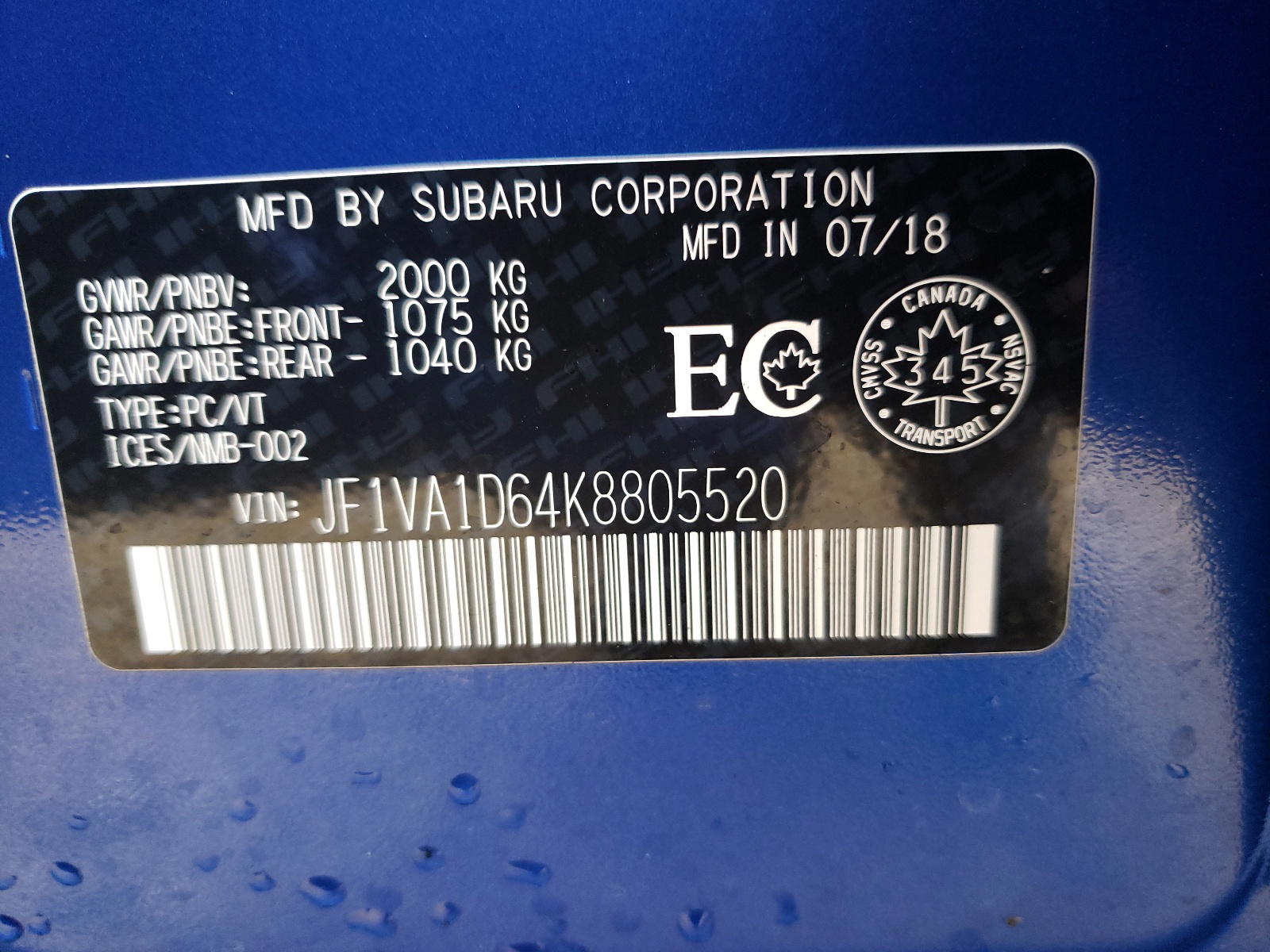 Photo 10 from auction – 2019 SUBARU WRX PREMIU with VIN JF1VA1D64K8805520