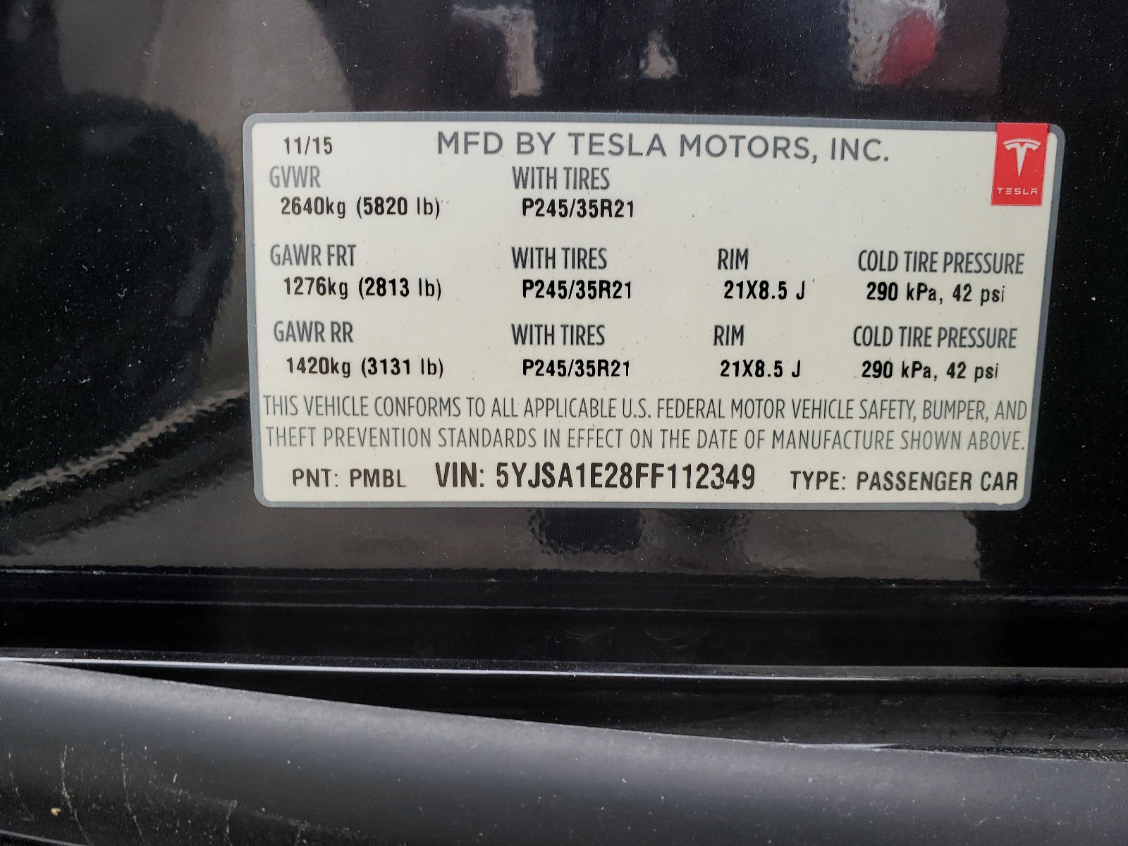 Photo 10 from auction – 2015 TESLA MODEL S with VIN 5YJSA1E28FF112349