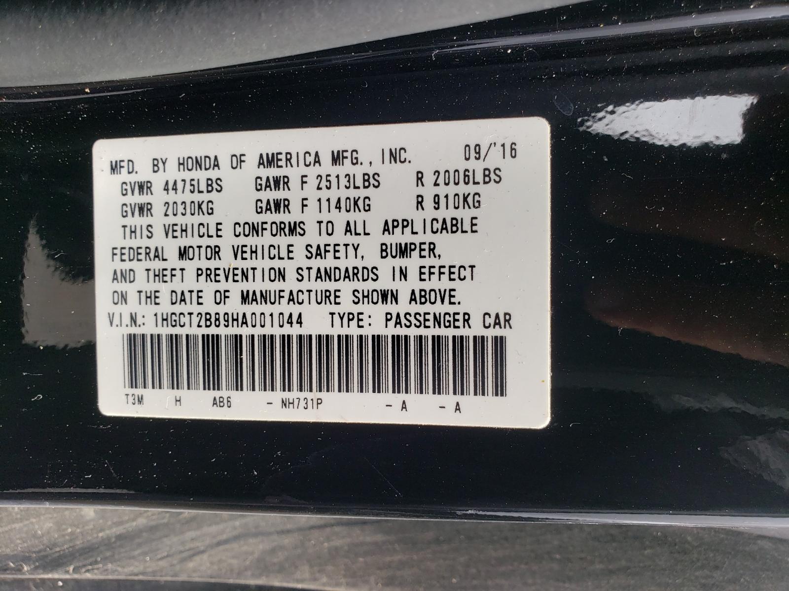 Photo 10 from auction – 2017 HONDA ACCORD EXL with VIN 1HGCT2B89HA001044