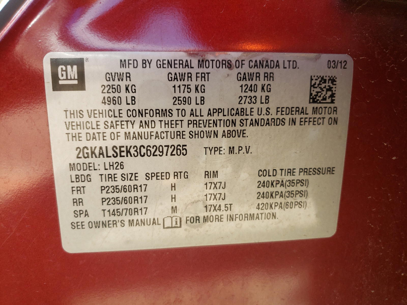 Photo 10 from auction – 2012 GMC TERRAIN SL with VIN 2GKALSEK3C6297265