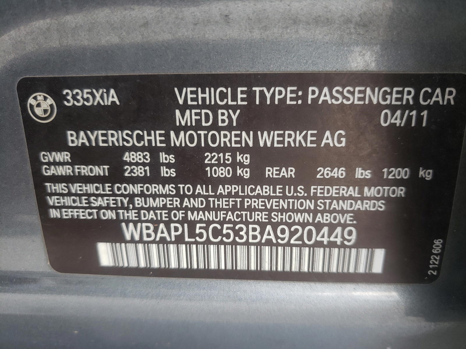 Photo 10 from auction – 2011 BMW 335 XI with VIN WBAPL5C53BA920449