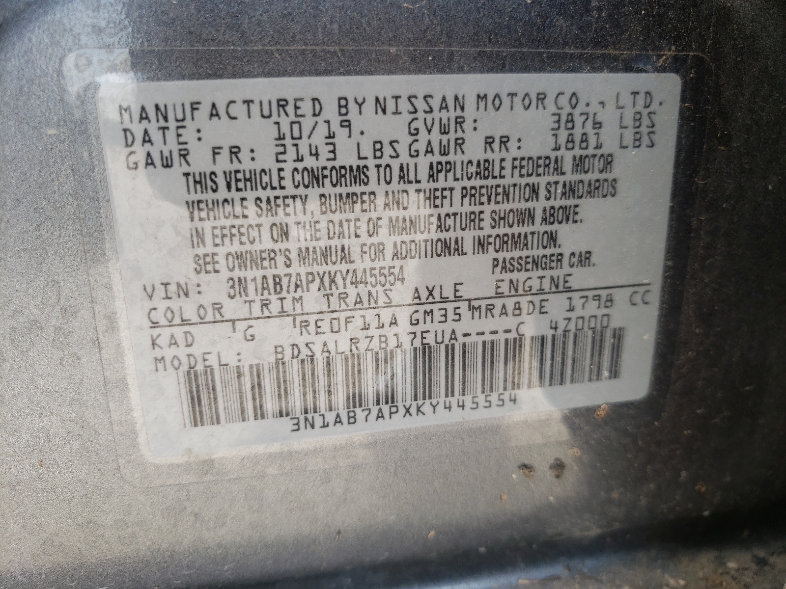 Photo 10 from auction – 2019 NISSAN SENTRA S with VIN 3N1AB7APXKY445554