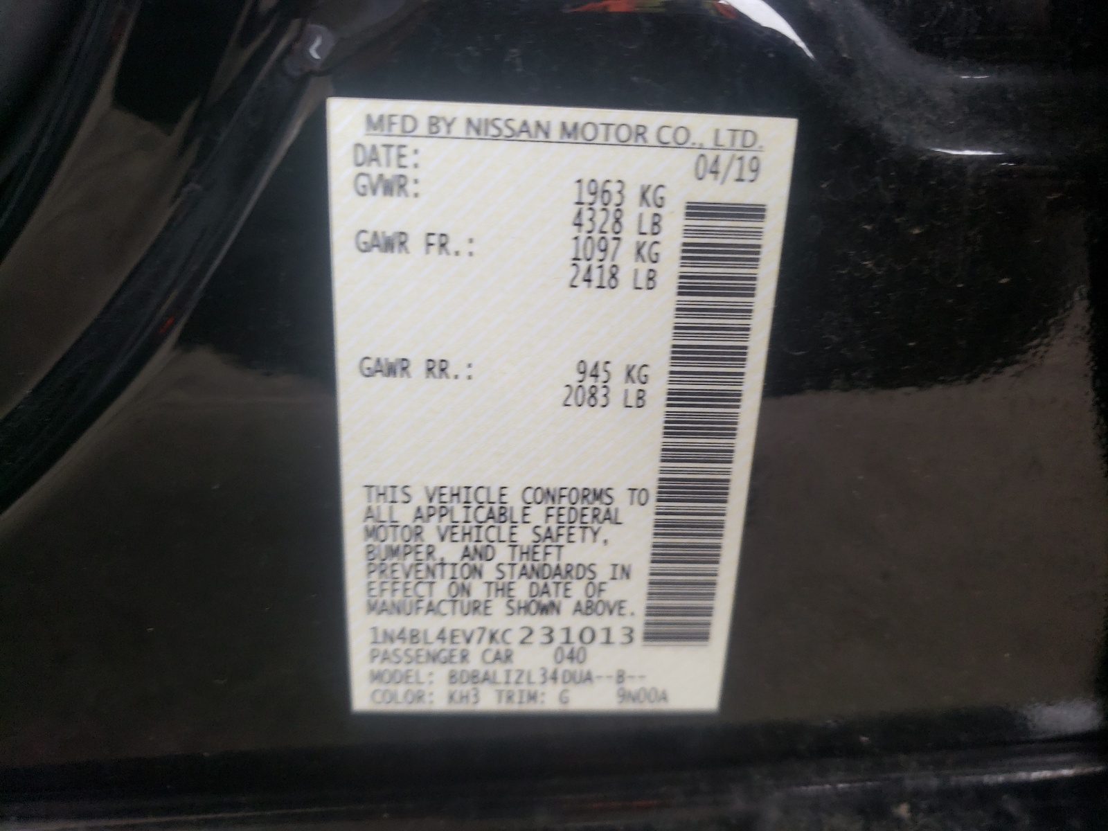 Photo 11 from auction – 2019 NISSAN ALTIMA SL with VIN 1N4BL4EV7KC231013