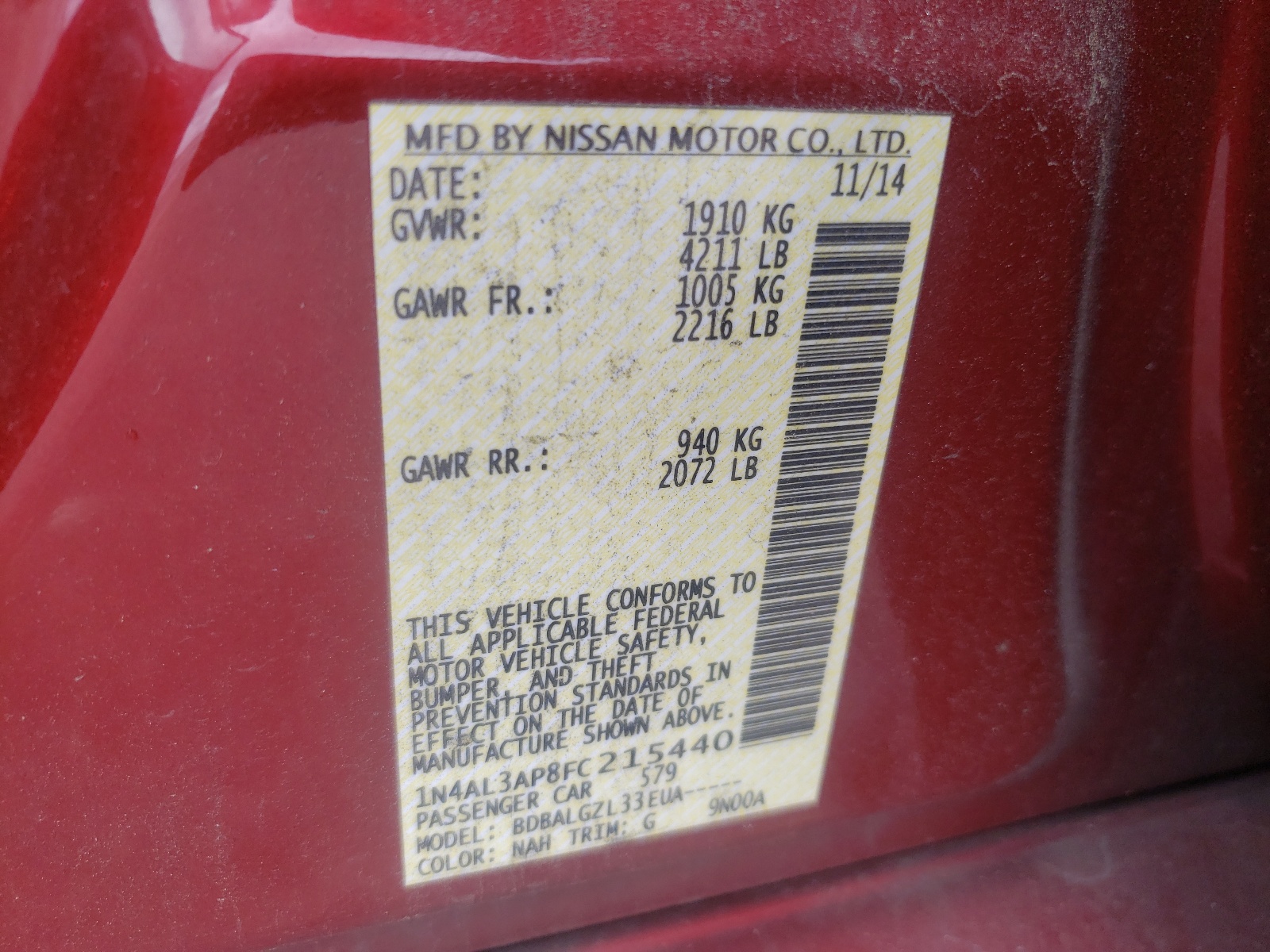Photo 10 from auction – 2015 NISSAN ALTIMA 2.5 with VIN 1N4AL3AP8FC215440