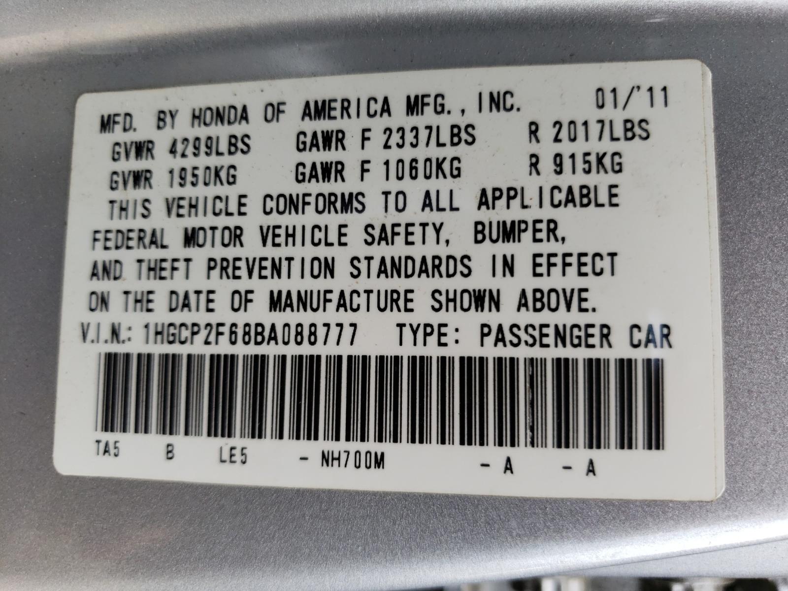 Photo 10 from auction – 2011 HONDA ACCORD SE with VIN 1HGCP2F68BA088777
