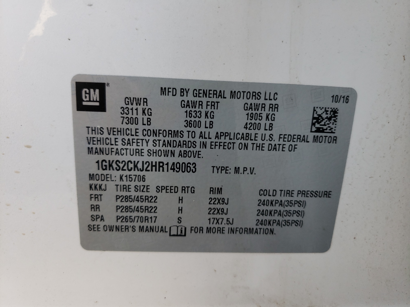 Photo 10 from auction – 2017 GMC YUKON DENA with VIN 1GKS2CKJ2HR149063