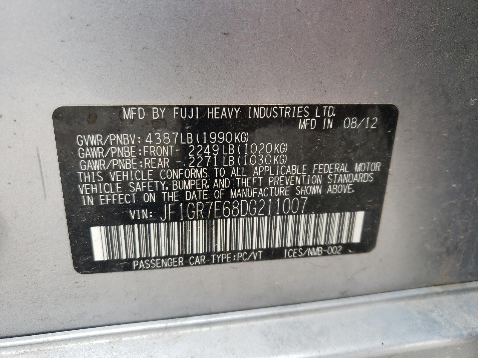 Photo 10 from auction – 2013 SUBARU IMPREZA WR with VIN JF1GR7E68DG211007
