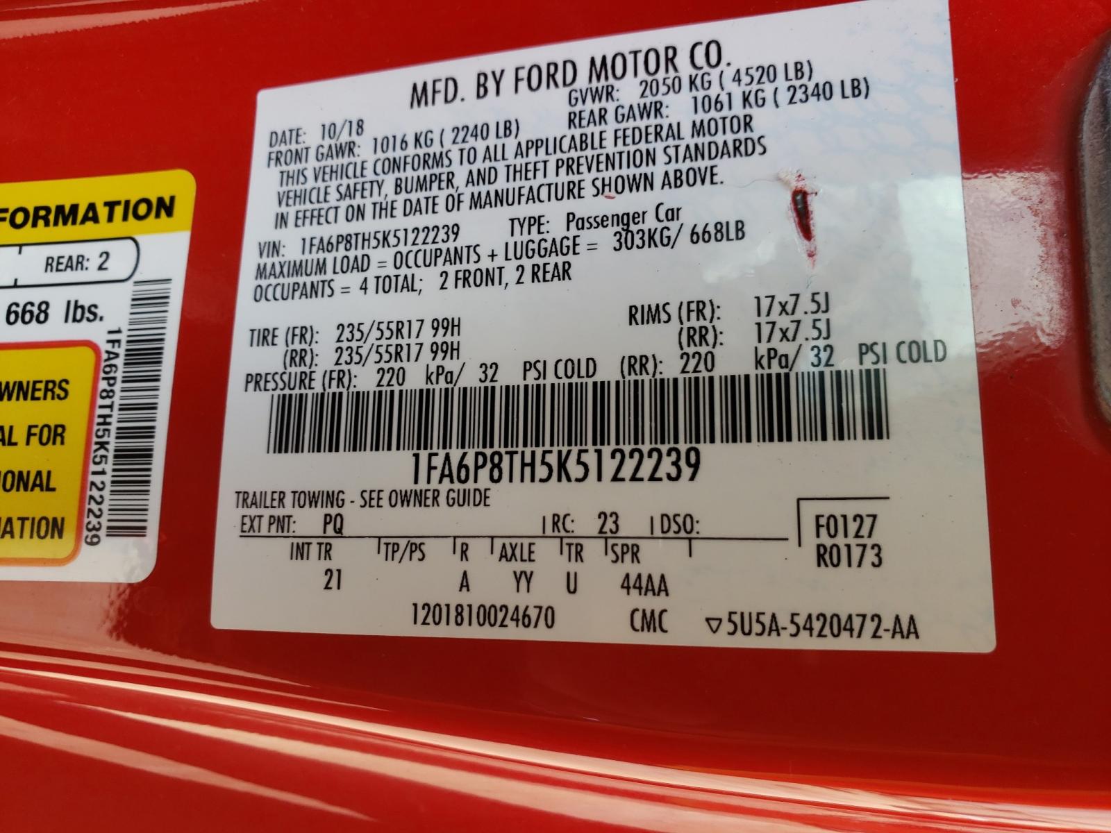 Photo 10 from auction – 2019 FORD MUSTANG with VIN 1FA6P8TH5K5122239