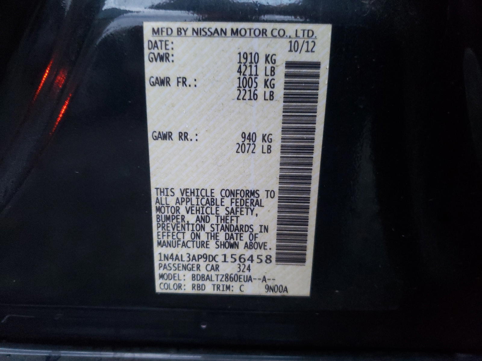 Photo 10 from auction – 2013 NISSAN ALTIMA 2.5 with VIN 1N4AL3AP9DC156458